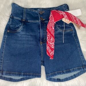 AREA 7  short Colombia Blue and Red Jean Shorts with Bandana Accent